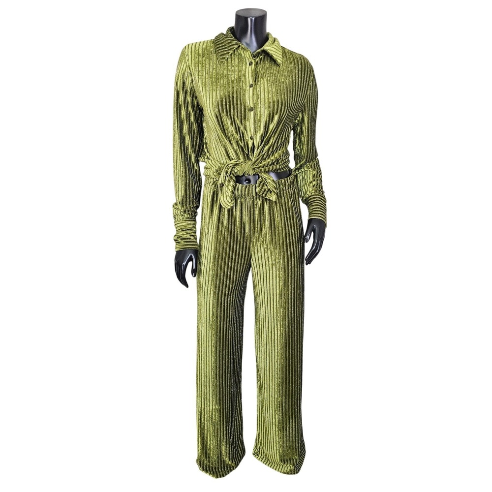 House of Harlow 1960 Velvet Ribbed Set Green Wide Leg Pants Womens XS Lounge